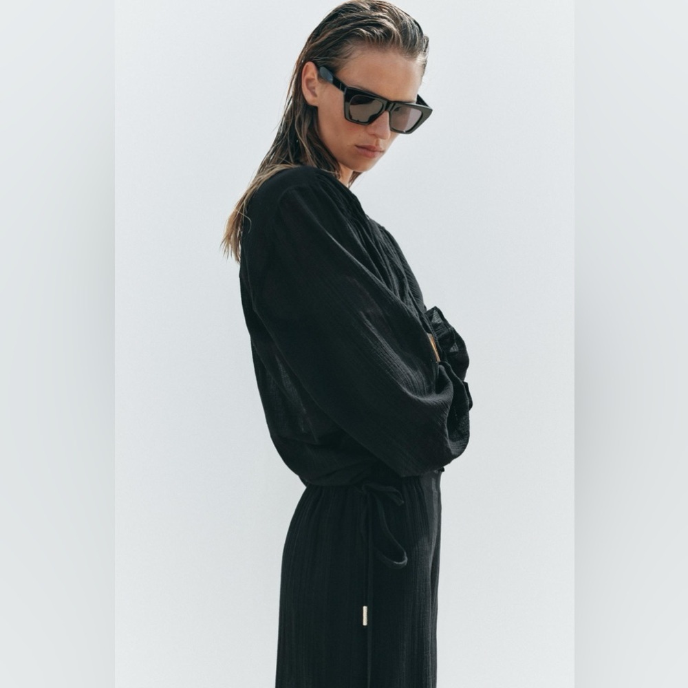 ZARA | Bamboo Black Sheer Wide-Leg Pants with Six Pockets and Draw String - Picture 15 of 16